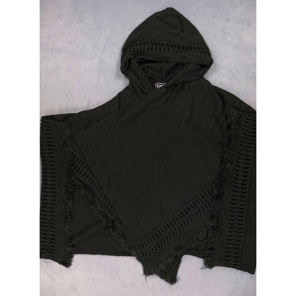 bebe Womens Black Knit Hooded Poncho Fringe Hem Openwork Cable Trim One Size OS